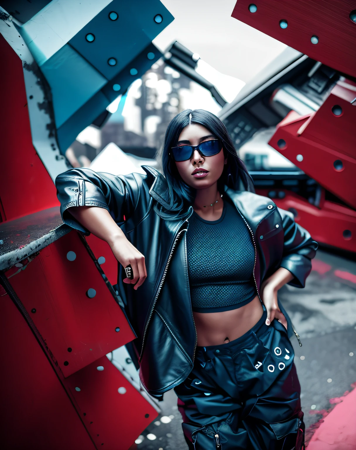 araffe sitting on the ground in front of a sculpture of a woman, blue pants, cyberpunk style outfit, cinematic outfit photo, wearing atompunk jumpsuit, cargo pants. cyberpunk city, stylish pose, photograph of a techwear woman, blue outfit, wearing space techwear, in a post apocalyptic setting, she is wearing streetwear, outfit photo, casual photography