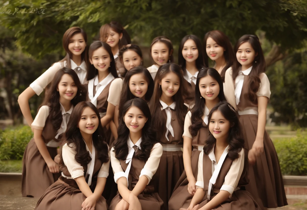 Cute High School Girl 校服 A dark-haired 40 people in group photograph sepia