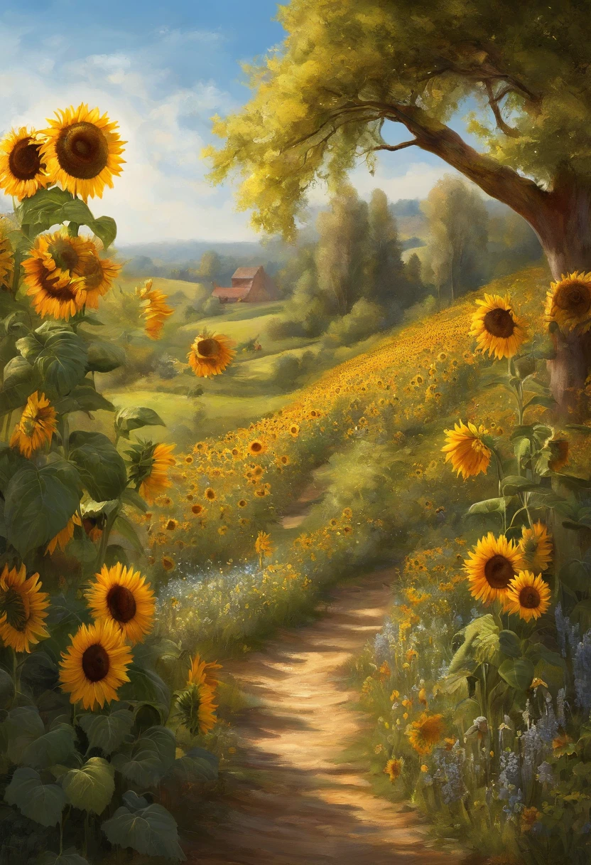 Clear blue sky,Sunflower fields、Unreal Engine5, Cinematic, low angle photo, Motion blur, depth of fields,  Perfect color grading.  ultra - detailed, Beautiful, insanely details, Intricate details, editorial photography, shot with a 50mm lens, depth of fields, Tilt Blur, Shutter speed 1/1000, f/22. Lightmaps, Super bright