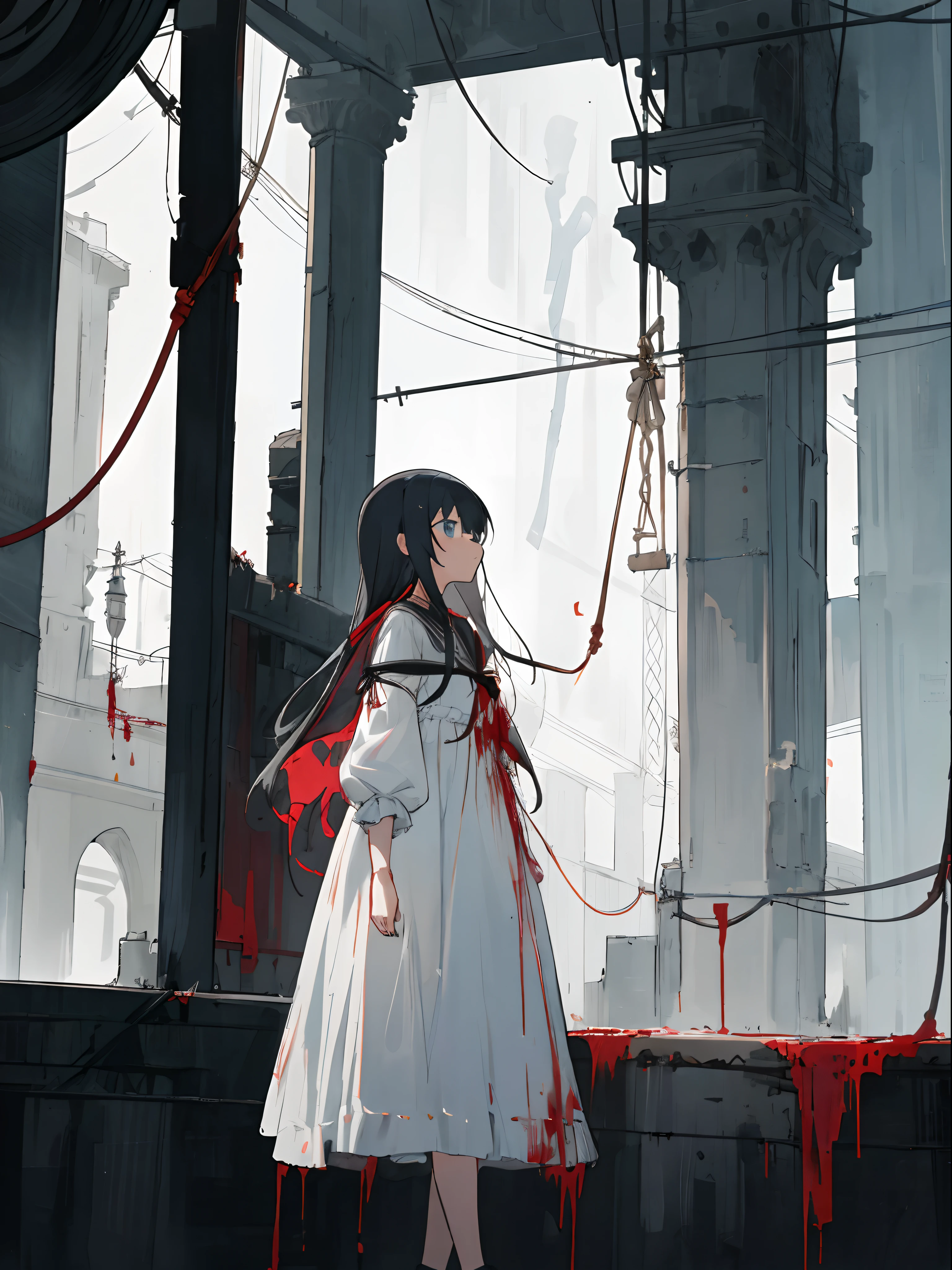 girl standing on building looking at her death, masterpiece, best quality, high res, 1girl, long hair, dress, dark area, suicide, suicidal, suicidal girl, yandere, depression, looking emotionless, front view, holding a noose, blood, red blood, cinematic, 4k cinematic, edge of a building, building, grey, edge of dark building, looking up from girl, white tattered dress, clear blue eyes, look up perspective, holding a rope, holding a noose, round rope, hanging rope in a noose, hanging rope in a circle