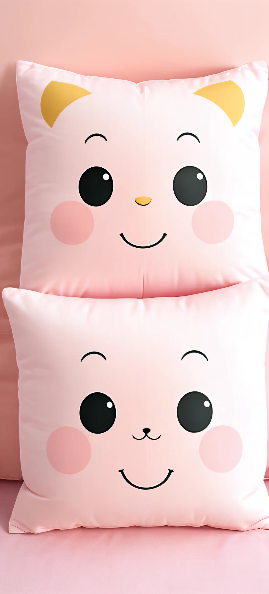 Close-up of pink pillow with smiling face, pink iconic character, cooking a, poyo, Cute:2, cas, Cartoon Cute, super cute and friendly, videogame character, kawaii, peach and goma style, kid, Black cheeks and blush, long pointy pink nose, awww, Cheeks, Super cute, some pink, cute character