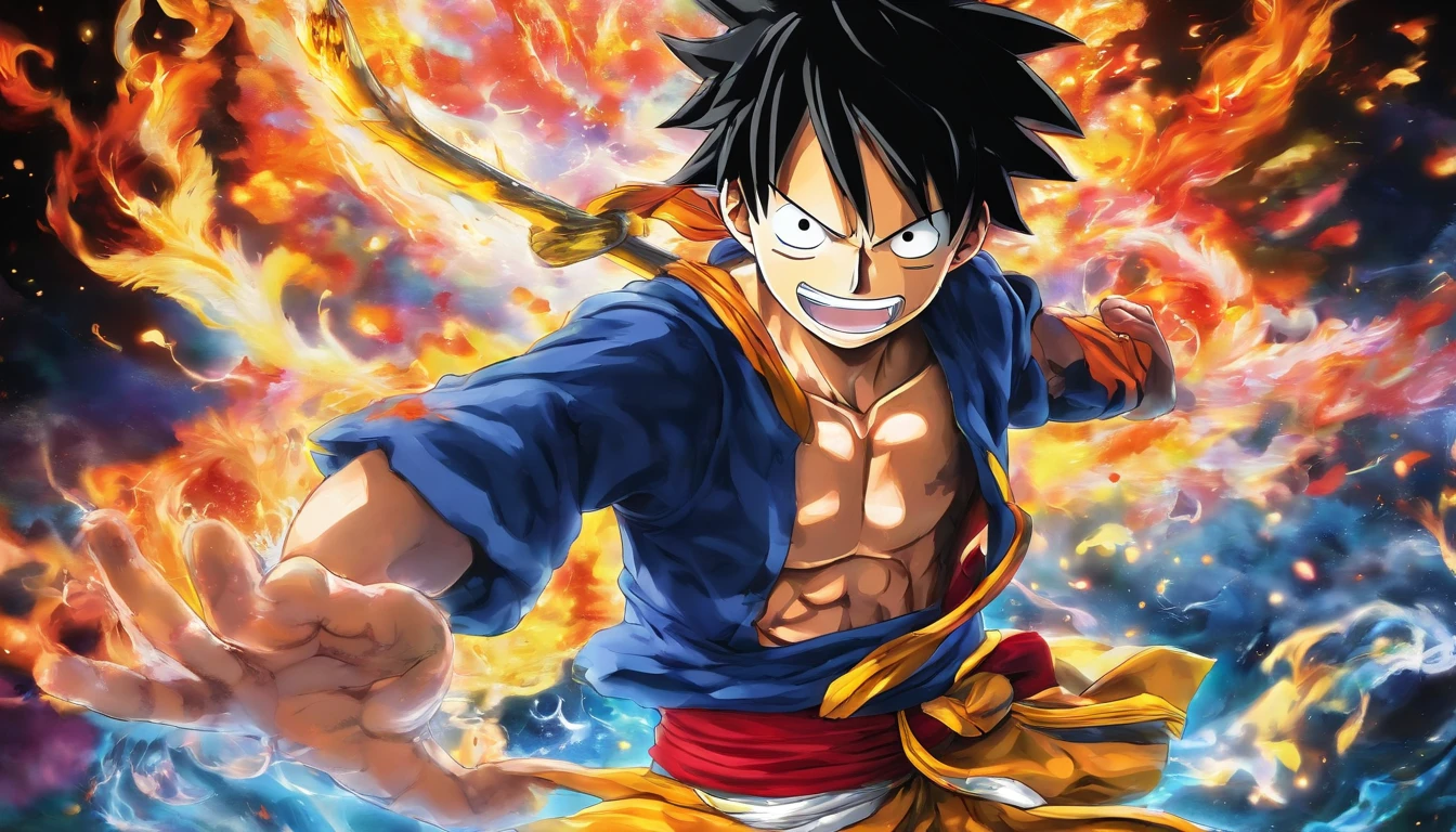 Create an exciting poster with Luffy from "one piece" em um ataque de raiva. Capture the essence of his fiery determination and unyielding spirit as he unleashes his wrath on his enemies. Mantenha-o curto, ousado, e intenso para transmitir o poder bruto da raiva de Luffy., hypnotic, androgynous, gadgetpunk, tiro no rosto, Cinema4D rendering, profundidade de campo, Tapestry, Cores pretas, classical realism, glow in the dark lighting, hyper realistic, Shadows Dramatic, Estilo filme noir, 4k