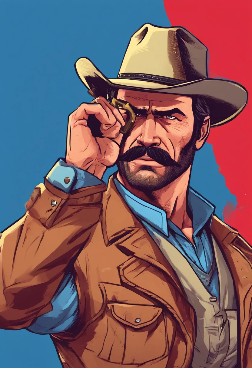 Red Dead Redemption 2 illustration style，Sheriff Curtis Malloy，Wear a Nevada hat,Khaki coat，Blue vest and white shirt,Nothing but a mustache,shaven face,sheriff badge, masterpiece, artwork, key art. HD, sheriff coat