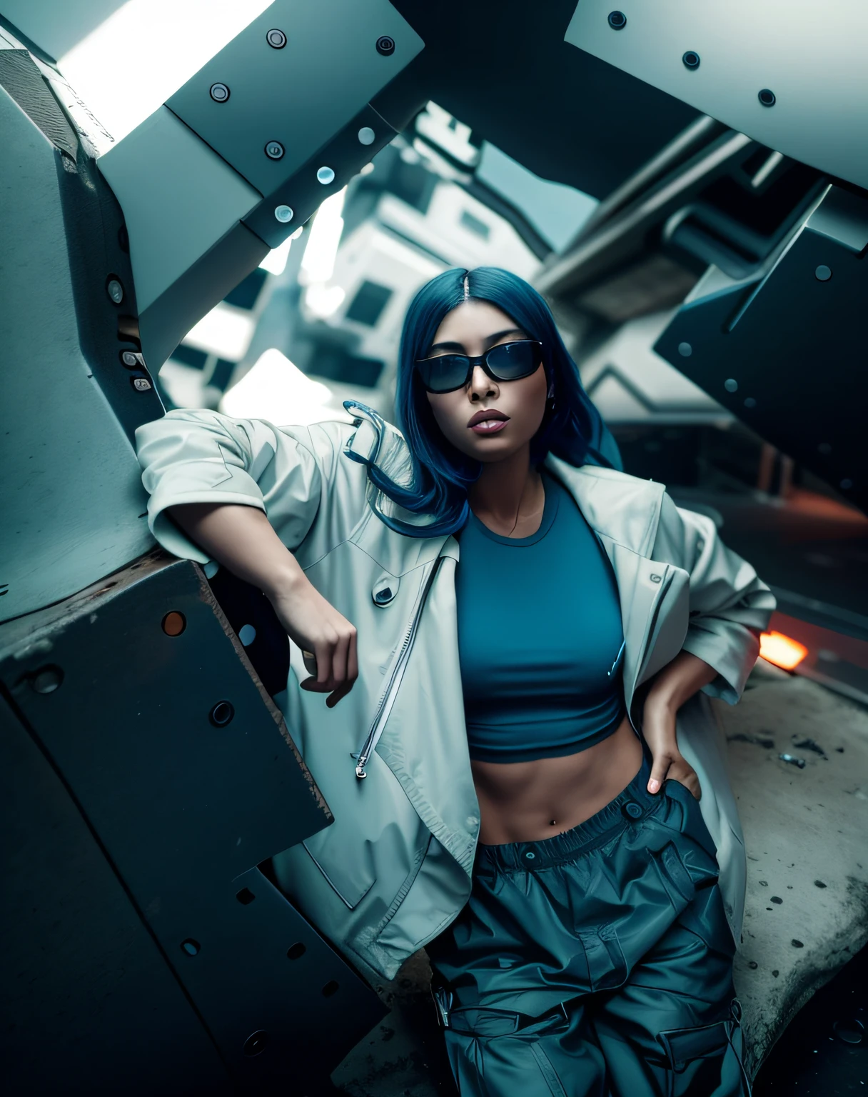 araffe sitting on the ground in front of a sculpture of a woman, blue pants, cyberpunk style outfit, cinematic outfit photo, wearing atompunk jumpsuit, cargo pants. cyberpunk city, stylish pose, photograph of a techwear woman, blue outfit, wearing space techwear, in a post apocalyptic setting, she is wearing streetwear, outfit photo, casual photography