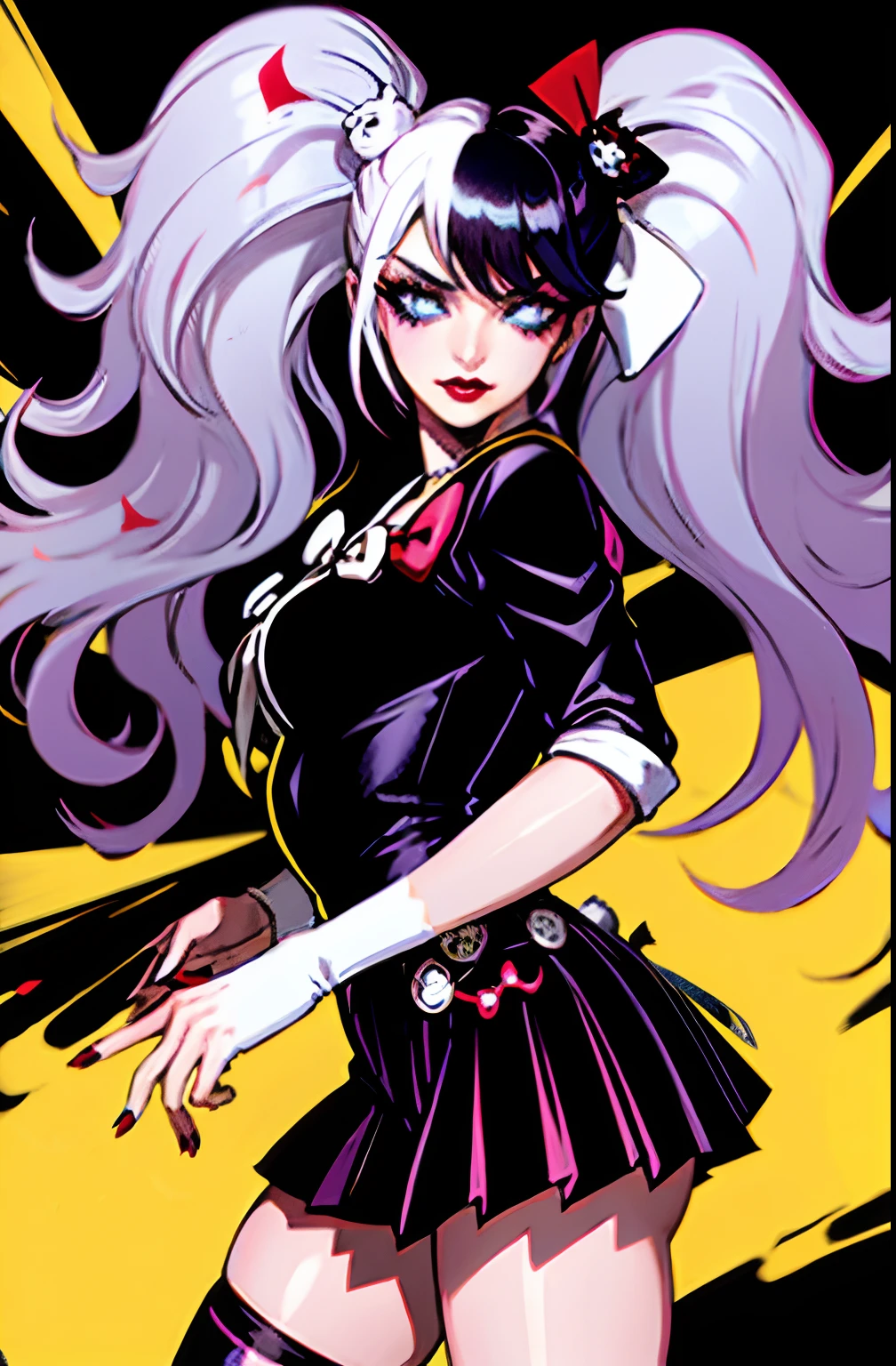 masterpiece, best quality, 1girl, gothic, black lips, solo, black hair, makeup, twin tails, hair buns, sailor moon, multicolored hair, white hair, bangs, eyeshadow, cross, hair bow, bow, lipstick, two-tone hair, fishnets, mascara, black background, hair ornament, (Genshin Impact)