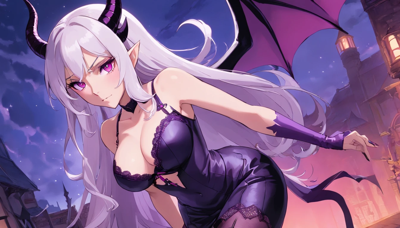 a very beautiful, sexy, succubus woman, long white hair, pink eyes, large bust, wearing a low-cut dark purple leather top, short provocative black skirt with purple leather details, black lace pantyhose, with purple bat wings, with two thick horns,