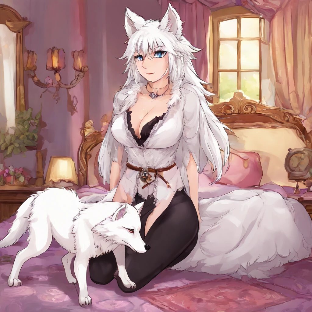 An anthropomorphic furry white female wolf, humanoid, cute snout, long white hair, white fluffy body, white wolf tail, white wolf ears, purple eyes, wearing black lingerie, digitigrade feet, 4 toes, full body shot, in a bedroom