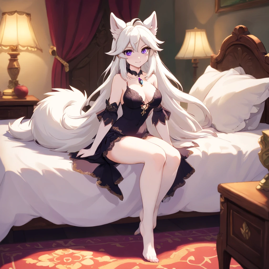 An anthropomorphic furry white female wolf, humanoid, cute snout, long white hair, white fluffy body, white wolf tail, white wolf ears, purple eyes, wearing black lingerie, digitigrade feet, 4 toes, full body shot, in a bedroom