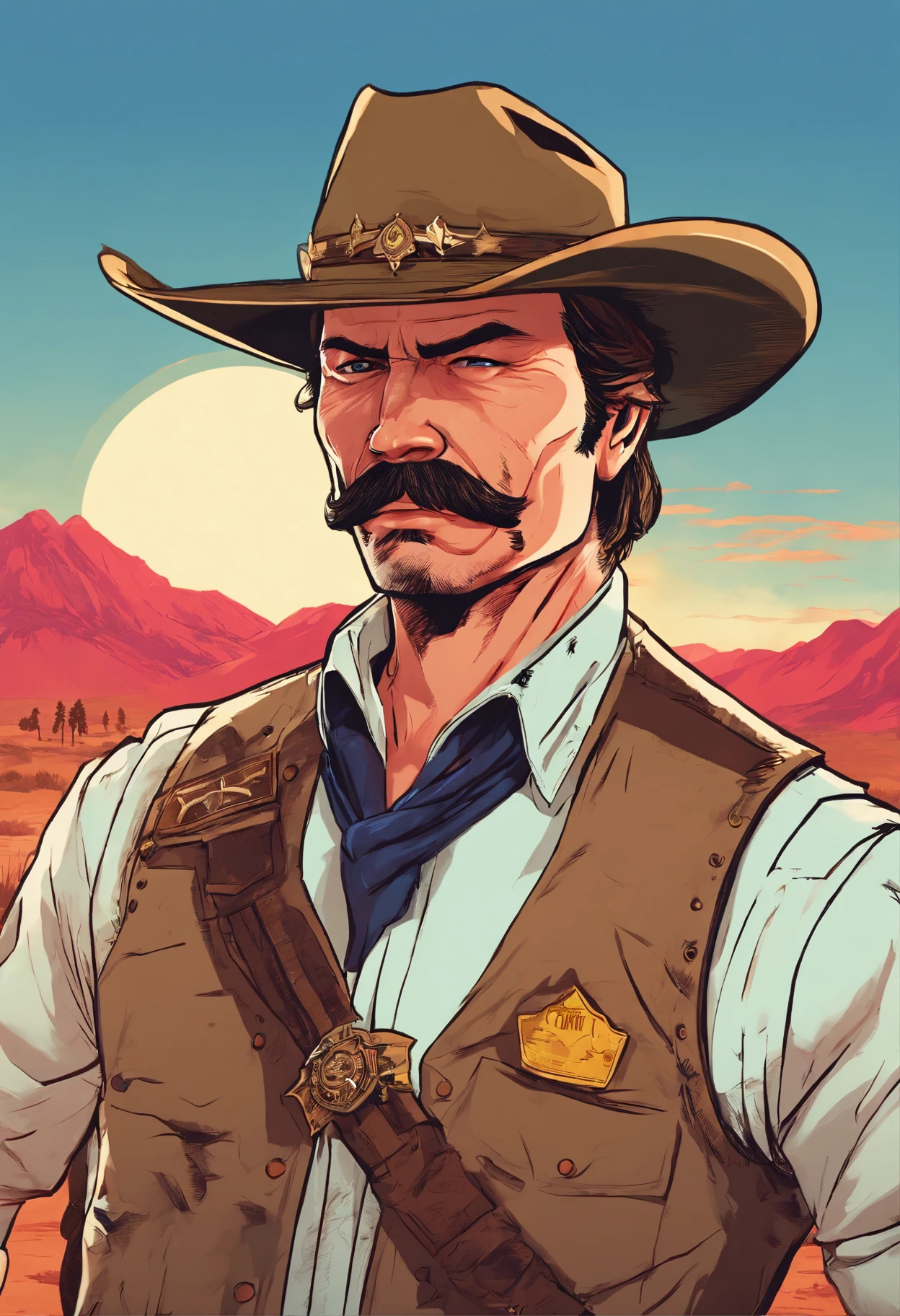 a old west man with all the skin on its body deformed, with a severe burn appearance all over the body. He is extremely tall and strong. Short hair and beard. Wearing his hat, his colt around his waist, sheriff's star and smoking a cigar. Anime art