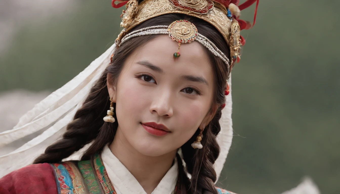 A girl, Long braids, Tibetan girl, Close-up, Raise your head slightly, Smile, Bust photo, Upper body, Appearance Yang Chaoran, Gorgeous Tibetan costumes, Cumbersome Tibetan necklace, Cumbersome Tibetan headdress, Fluff on clothes, White animal flute, Live-action CG, Sweet style, Film style, high definition 4k