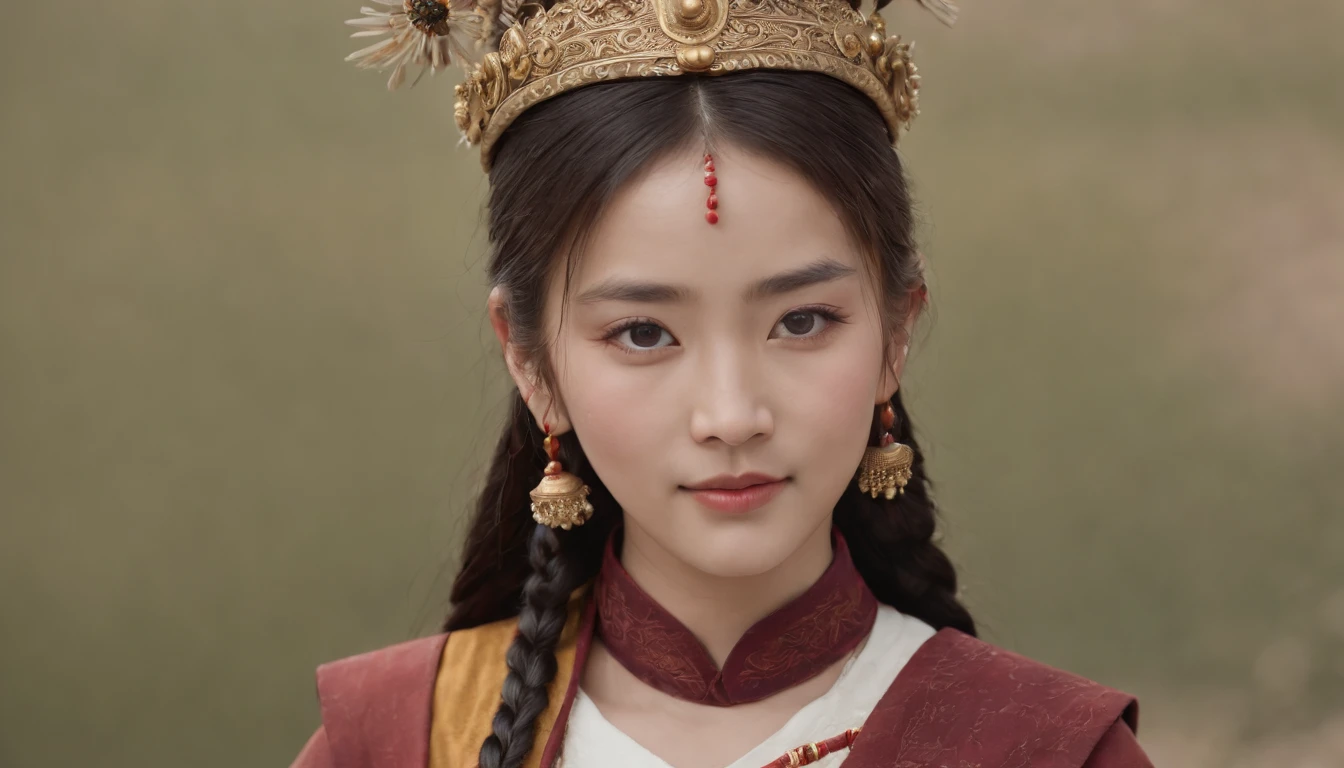 A girl, Long braids, Tibetan girl, Close-up, Raise your head slightly, Smile, Bust photo, Upper body, Appearance Yang Chaoran, Gorgeous Tibetan costumes, Cumbersome Tibetan necklace, Cumbersome Tibetan headdress, Fluff on clothes, White animal flute, Live-action CG, Sweet style, Film style, high definition 4k