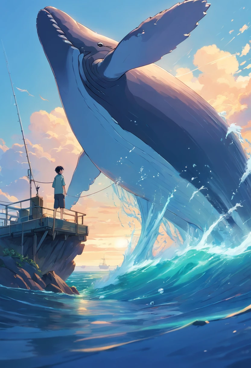 Fisherman standing on the tip of a fishing boata whale tries to swallow it