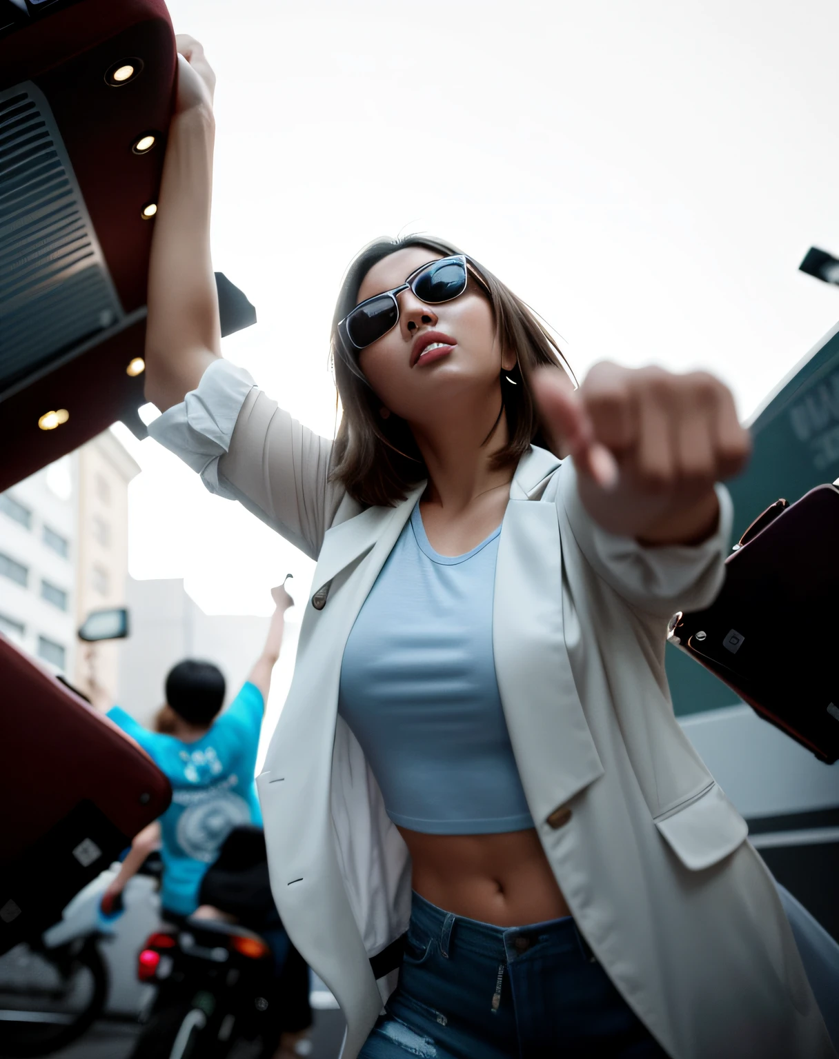 there is a woman that is holding a suitcase in her hand, pointing at the camera, epic angle and pose, cinematic outfit photo, 3 5 mm pointing up, confident action pose, shot on canon eos r5, shot on canon eos r 5, dynamic low angle shot, shot from below, an young urban explorer woman, low angle photo