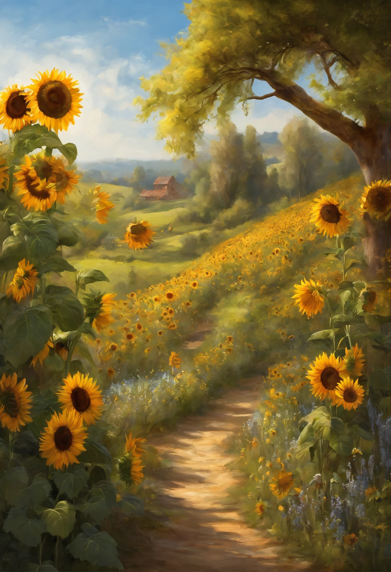 Clear blue sky,Sunflower fields、Unreal Engine5, Cinematic, low angle photo, Motion blur, depth of fields, Perfect color grading. ultra - detailed, Beautiful, insanely details, Intricate details, editorial photography, shot with a 50mm lens, depth of fields, Tilt Blur, Shutter speed 1/1000, f/22. Lightmaps, Super bright