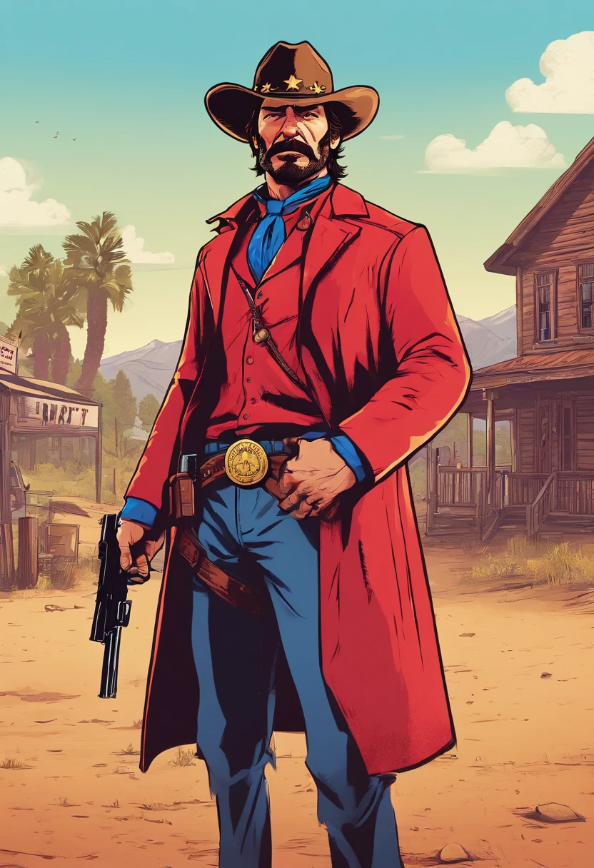 Red Dead Redemption 2 illustration style,Sheriff Curtis Malloy,Wear a Nevada hat,Khaki coat,Blue vest and white shirt,Nothing but a mustache,shaven face,sheriff badge, masterpiece, artwork, key art. HD, sheriff coat. In a town