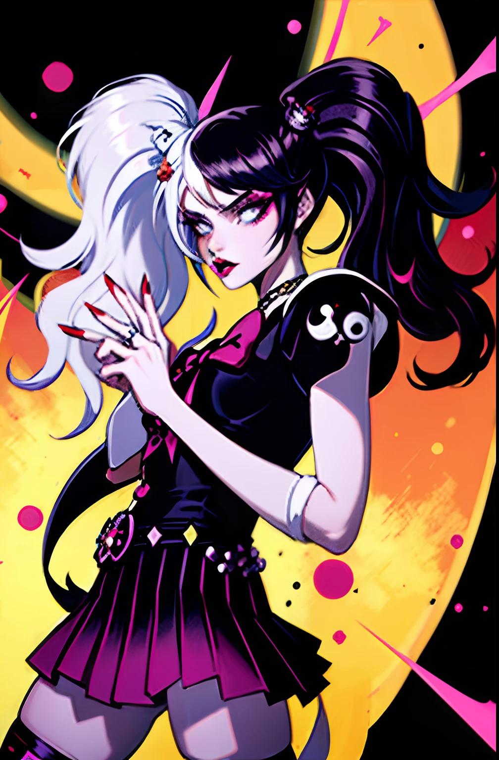 masterpiece, best quality, 1girl, gothic, black lips, solo, black hair, makeup, twin tails, hair buns, sailor moon, multicolored hair, white hair, bangs, eyeshadow, cross, hair bow, bow, lipstick, two-tone hair, fishnets, mascara, black background, hair ornament, (Genshin Impact)