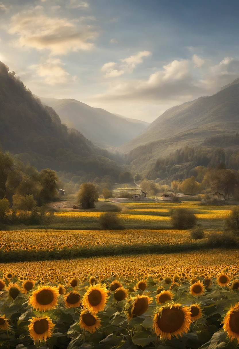 Clear blue sky,Sunflower fields、Unreal Engine5, Cinematic, low angle photo, Motion blur, depth of fields, Perfect color grading. ultra - detailed, Beautiful, insanely details, Intricate details, editorial photography, shot with a 50mm lens, depth of fields, Tilt Blur, Shutter speed 1/1000, f/22. Lightmaps, Super bright