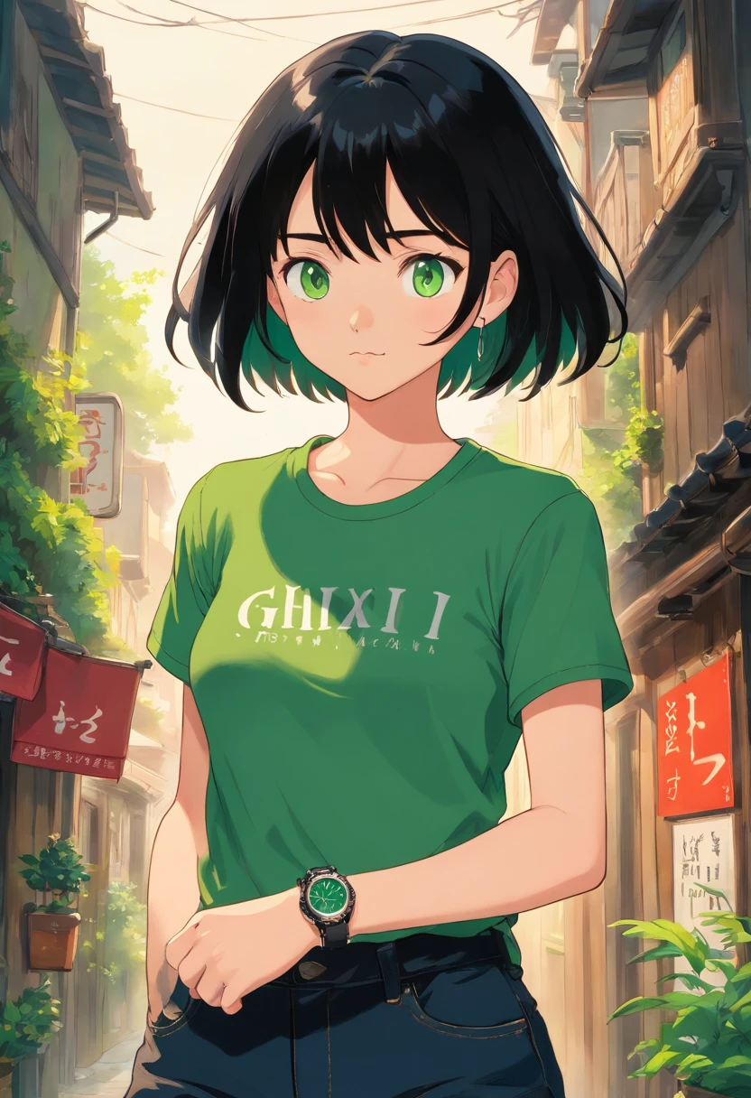 1girl, (masterpiece), black hair, short hair, green eyes, Black t-shirt, black short jeans, Wristwatch