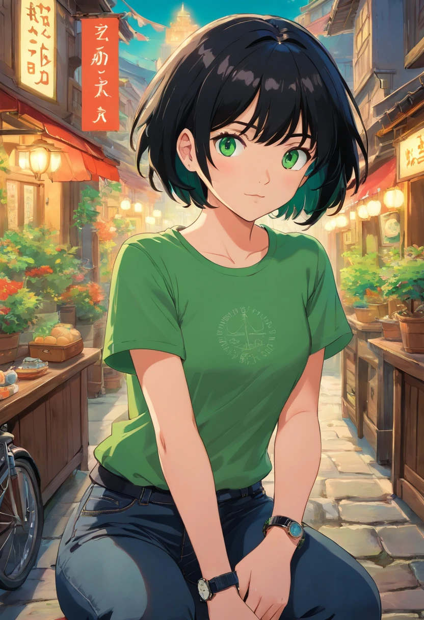 1girl, (masterpiece), black hair, short hair, green eyes, Black t-shirt, black short jeans, Wristwatch