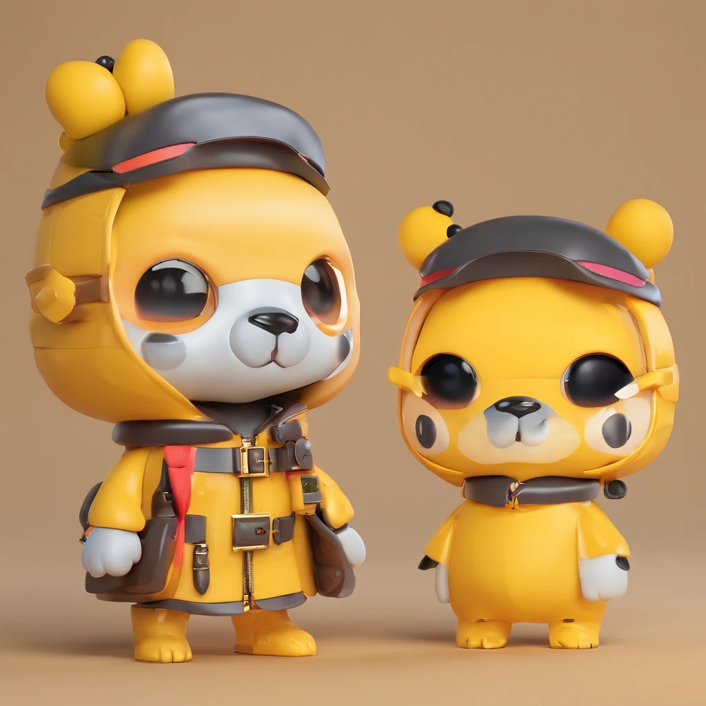 Super Cute Girl IP by Pop Mart, Bright yellow eyes,Milk Tea Hair Color、Two Side Up Bob Hair、Zito-order、Sleepy eyes、Cherub,Yellow outerwear、Black hood、cyberpunked、clay, modeled, blind box toy, Glossy and delicate,clean back ground, Good luster, 3D rendering of a,Best Quality