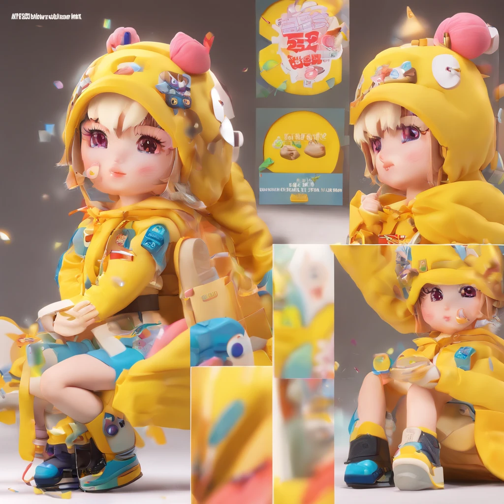 Super Cute Girl IP by Pop Mart, Bright yellow eyes,Milk Tea Hair Color、Two Side Up Bob Hair、Zito-order、Sleepy eyes、Cherub,Yellow outerwear、Black hood、cyberpunked、clay, modeled, blind box toy, Glossy and delicate,clean back ground, Good luster, 3D rendering of a,Best Quality