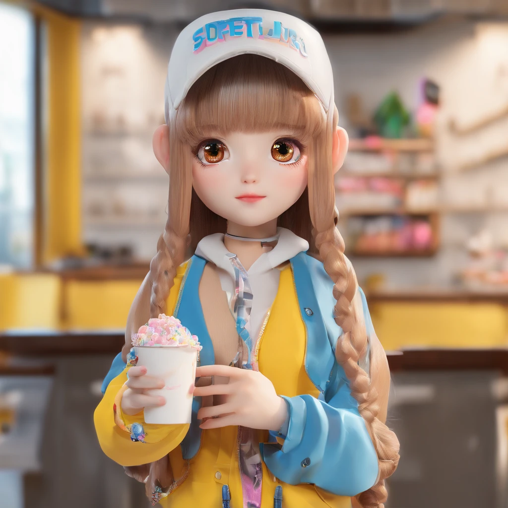 Super Cute Girl IP by Pop Mart, bright yellow eyes,Milk tea hair color、Two-side-up、bobhair、Zito-order、Sleepy eyes、Cherub,Yellow outerwear、Black hood、cyberpunked、clay, modeled, Glossy and delicate,clean back ground, Good luster, 3D rendering of a,Best Quality