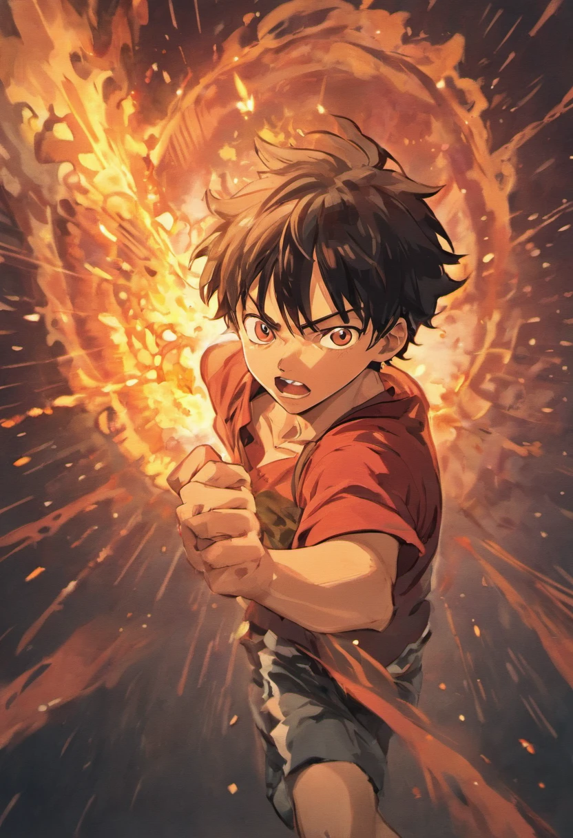 Design a gripping poster featuring Luffy from "One Piece" in a fit of rage. Capture the essence of his burning determination and unyielding spirit as he unleashes his wrath upon his enemies. Keep it short, bold, and intense to convey the raw power of Luffy's anger.
