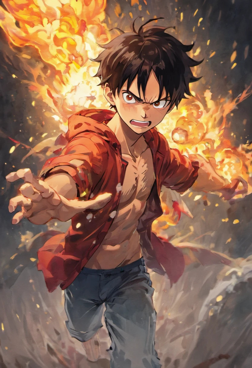 Design a gripping poster featuring Luffy from "One Piece" in a fit of rage. Capture the essence of his burning determination and unyielding spirit as he unleashes his wrath upon his enemies. Keep it short, bold, and intense to convey the raw power of Luffy's anger.