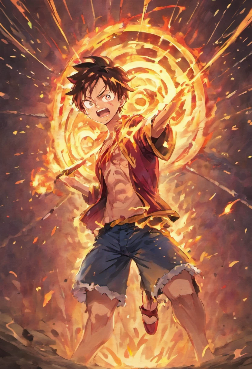 Design a gripping poster featuring Luffy from "One Piece" in a fit of rage. Capture the essence of his burning determination and unyielding spirit as he unleashes his wrath upon his enemies. Keep it short, bold, and intense to convey the raw power of Luffy's anger.
