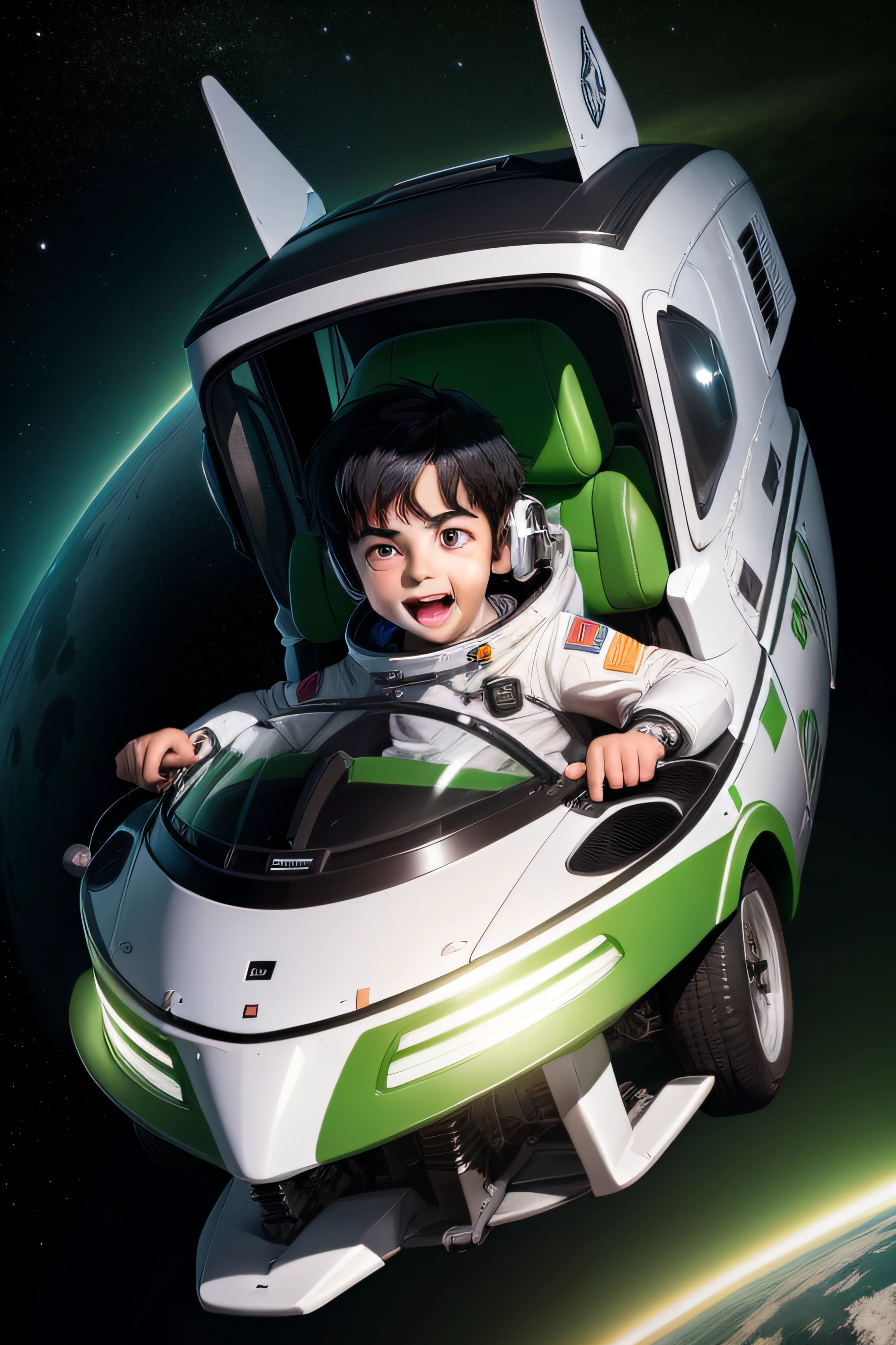white boy with black hair dressed as an astronaut in green background driving a spaceship happy face all body pixar style