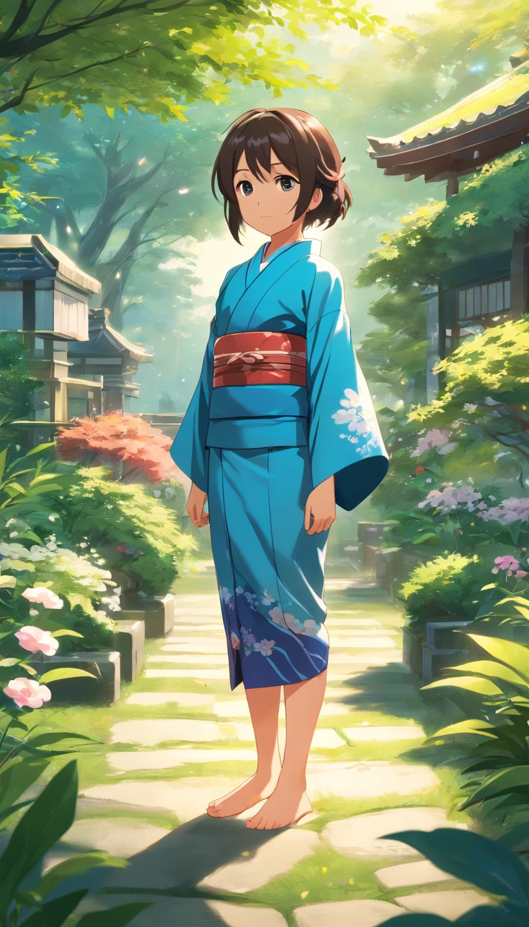 A 6--old anese girl stands in the garden, in a kimono，Barefoot，full bodyesbian，high high quality, Clear focus (mess - house: 0.8), (tmasterpiece: 1.2) (realisticlying: 1.2) (Bokeh) (best qualityer) (Detailed skins: 1.3) (intricately details) (8K) (eye detailed) (foco nítido), (dreads) (a variety of poses) desenho, Modern tailoring