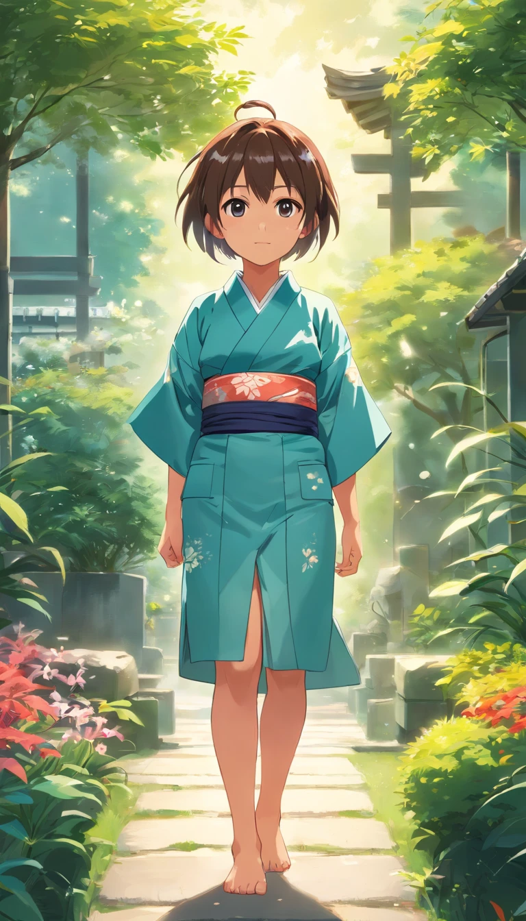 A 6-year-old Japanese girl stands in the garden, in a kimono,Barefoot,full bodyesbian,high high quality, Clear focus (mess - house: 0.8), (tmasterpiece: 1.2) (realisticlying: 1.2) (Bokeh) (best qualityer) (Detailed skins: 1.3) (intricately details) (8K) (eye detailed) (foco nítido), (dreads) (a variety of poses) desenho, Modern tailoring