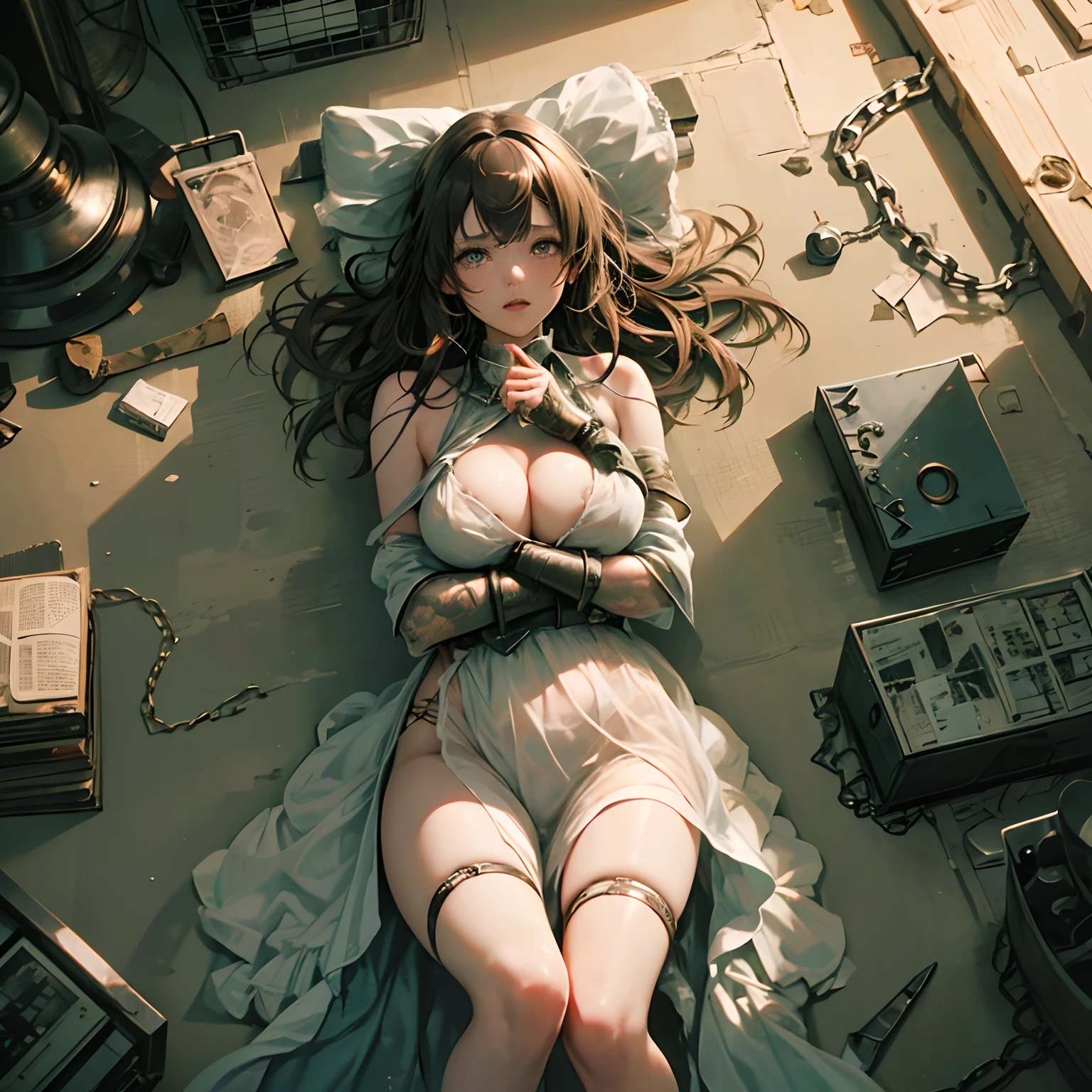 several girls, group picture, lineup, harem, 3+beautiful girls in a villain's captivity, 1 girl tied back, ((masterpiece)), ((high resolution)), ((best quality)), detail, (nsfw, crying), ((Hands tied up on prison bars, handcuffs, wrists tied)), , korean girl, teary eyes, brown hair, collar, wearing torn nightgown top, sheer nightgown, torn clothes, big breasts, big breasts, dense upwards, undergarment, statue ,handcuffs, collar, chains, shame, fear, breast focus, film lighting, perfect shadows,(((prison))), shaded realistic lighting