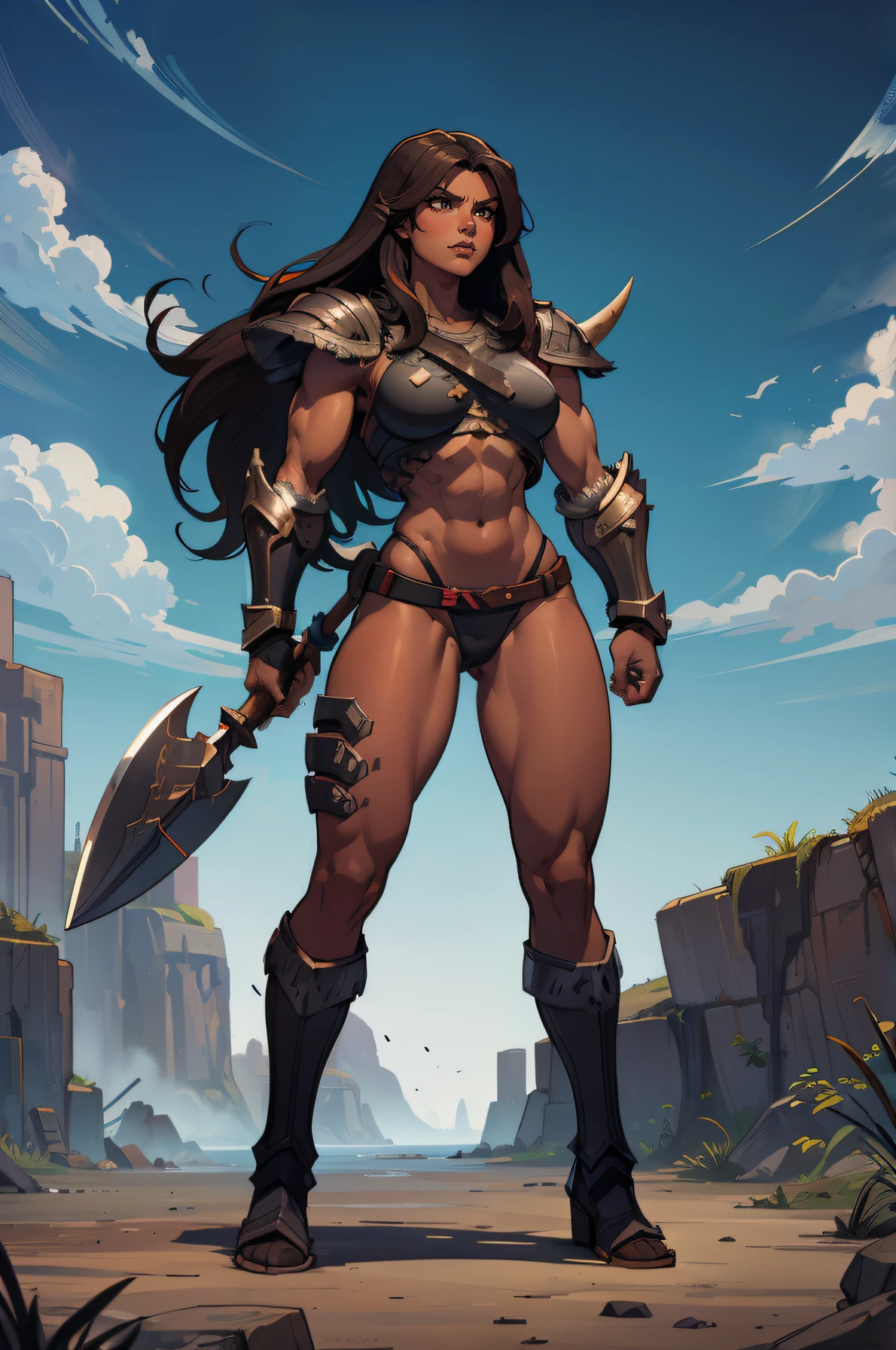 "high quality, strong and fierce barbarian with boots with dark brown skin, long hair, well-defined muscular legs and large hips" ((fullbody)) (((barbarian armor))) (solo)