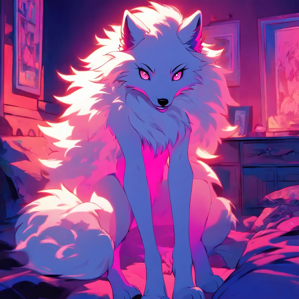An anthropomorphic furry white female wolf, humanoid, cute snout, long white hair, white fluffy body, white wolf tail, white wolf ears, purple eyes, wearing black lingerie, digitigrade feet, 4 toes, full body shot, in a bedroom, standing,