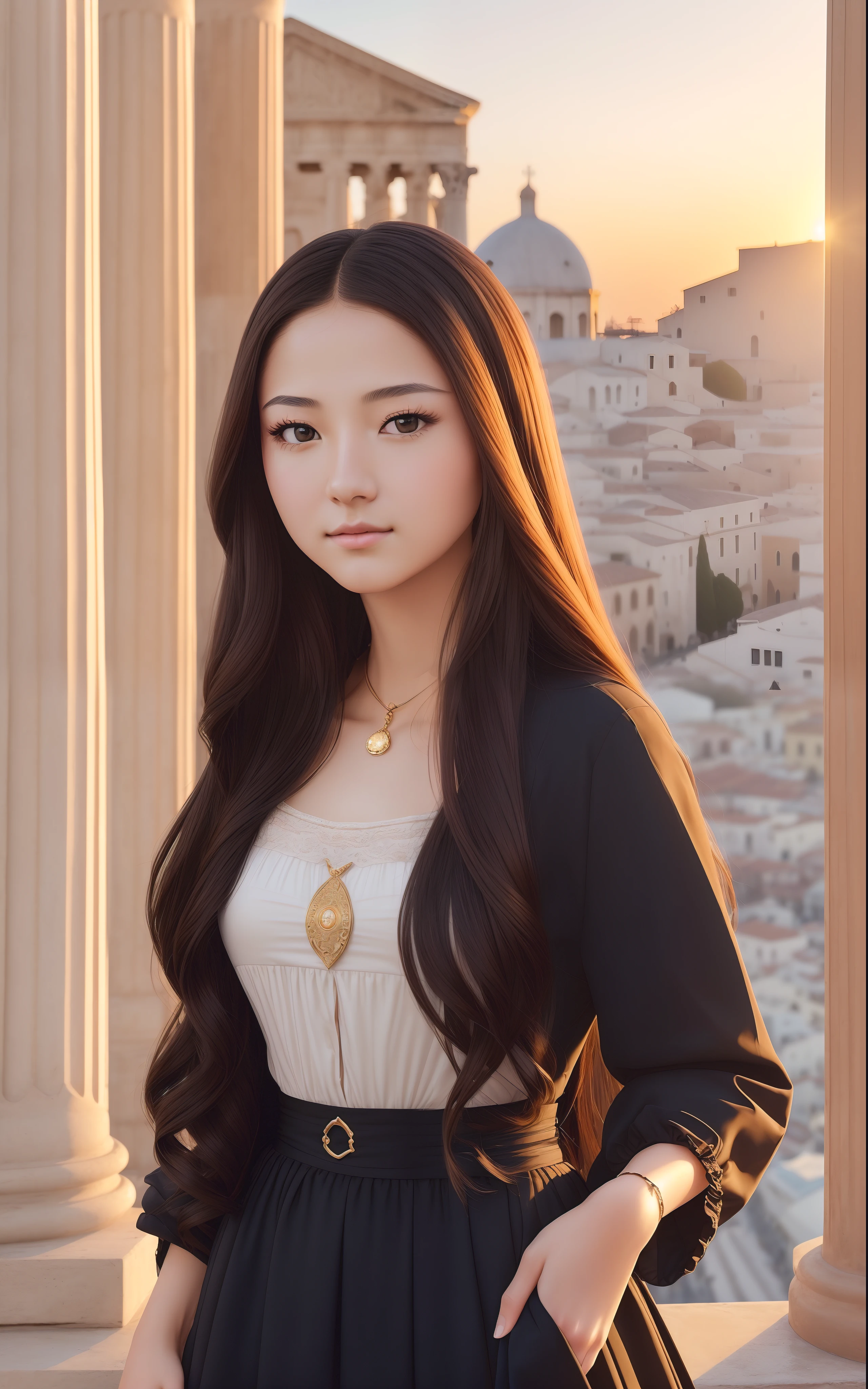 Photo. On the cover of Teen Vogue. Text Says"Tenalisa" Teenage Mona Lisa, 14 years old in black long skirt dress, She has a brunette, Strong confidence standing to meet you. Roman columns and arches created by Greek columns are in the background, On the rooftops of Italian cities, Sunrise sky on background, In the foreground is an empty luxurious wooden chair, In the distance behind her, Leonardo da Vinci facing backwards, Far bridge, The light of sunrise shines here, Cinematic, high detailing, (credibly_absurderes,Huge_filesize:1.37),(masterpiece:1.37),(top-quality:1.37),(realisitic,Photorealsitic:1.2),Ray traching,Realistic lighting,(illuminations,Glow),((film grains:1.37)),(Exquisite details and textures:1.2),(8K分辨率:1.2),(ultra -detail:1.2),(Sharp Focus 1.2),(Raw photography:1.0),(Beautiful Detail Face、Beautiful Detail Eye、 radiant eyes、long eyeslashes、blush of the nose:1.2)、((((perfect anatomia))))、full body Esbian、Ceremony、1girl in、独奏、a beauty girl、High class、(A slender:1.37)、(cute face)、(Natural glowing skin:1)、(Detailed natural skin、detailed skin textures、Detailed black hair、Well-formed hairstyles)、Facial light、(ciinematic light)