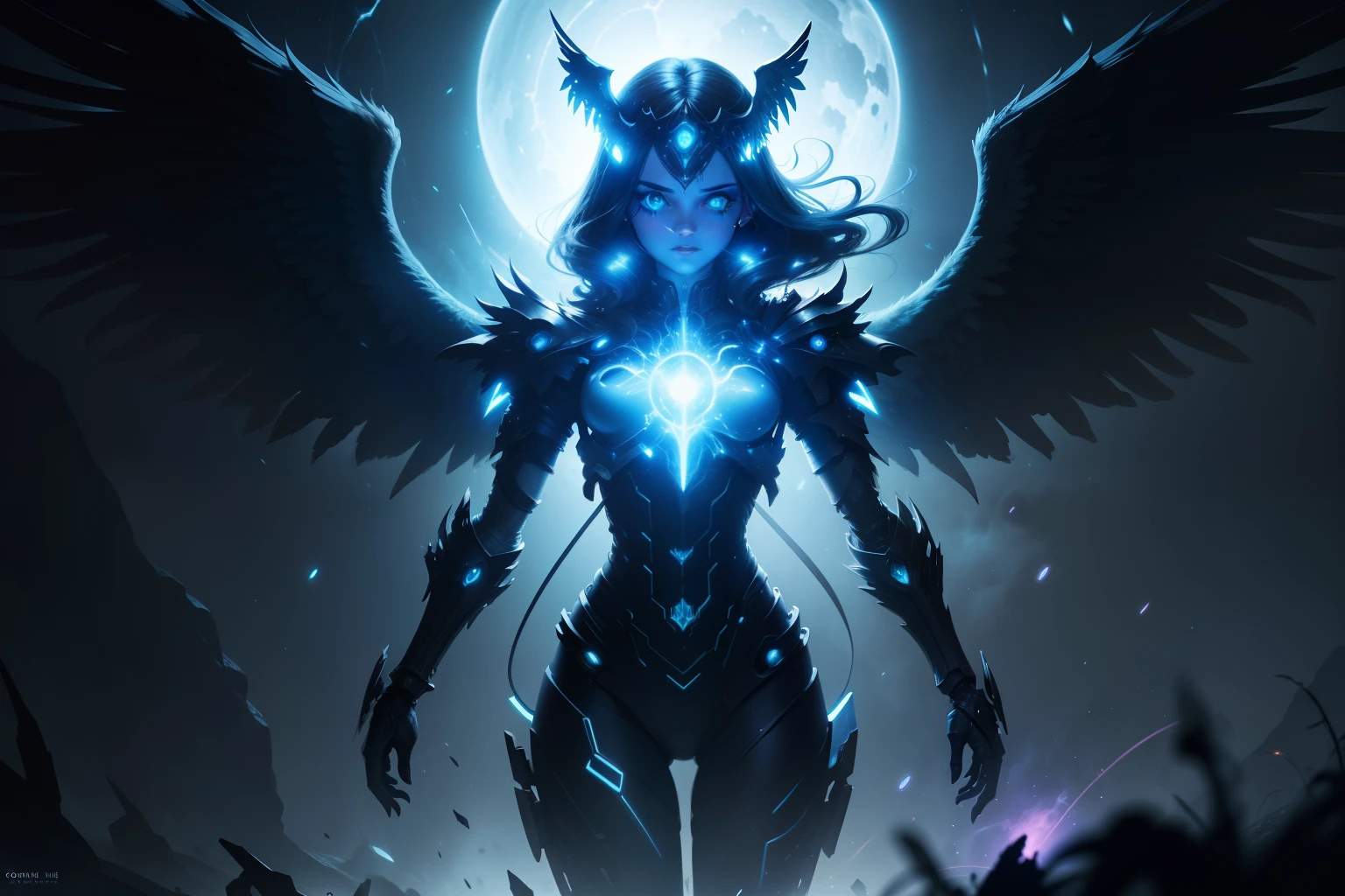 Cosmic Fallen Angel, glowing light eyes, Biomechanical, eerie, Creepy, nightmarish, Very bright colors, Light particles, with light glowing, Mshiff, wallpaper art, UHD wallpaper