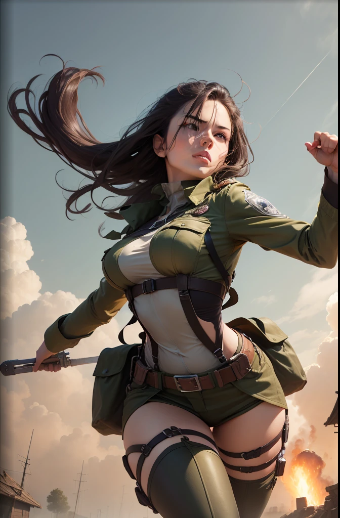 Shingeki no Kyojin, soldiers, brown-green uniform, full body, long hair waving in wind, round breasts, long legs, metal carved top, detailed eye, strong sense of three-dimensional, by Hayao Miyazaki or Chesley Bonestell for the cover of Heavy Metal magazine, equipment enables the user to fight in a 3D space as opposed to a 2D one. The equipment itself takes the form of a body harness that encompasses much of the body below the neck.
Although the equipment can grant a skilled user tremendous mobility, it is a demanding art that requires strength, and skill, both of which must be honed through constant practice.
Some tools involved in the apparatus include:
Hand grips
Piston-shot grapple-hooks
Gas-powered mechanism
Iron wire propeller with plug-in blades