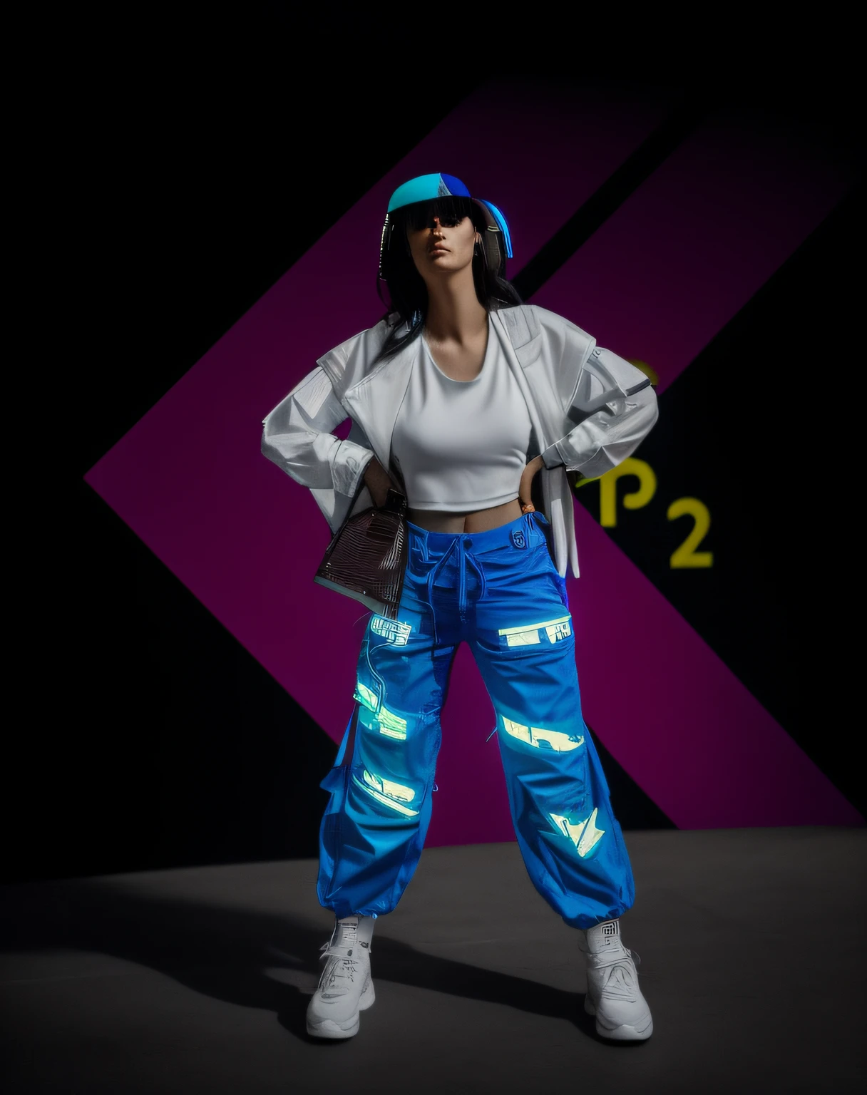 arafed woman in blue pants and a white shirt posing for a picture, she is wearing streetwear, cyberpunk style outfit, cinematic outfit photo, cargo pants. cyberpunk city, fashion shoot 8k, woman in streetwear, bright trouser suit for a rave, photograph of a techwear woman, concept photoset, wearing cyberpunk streetwear, female streetwear blogger, in cyberpunk style