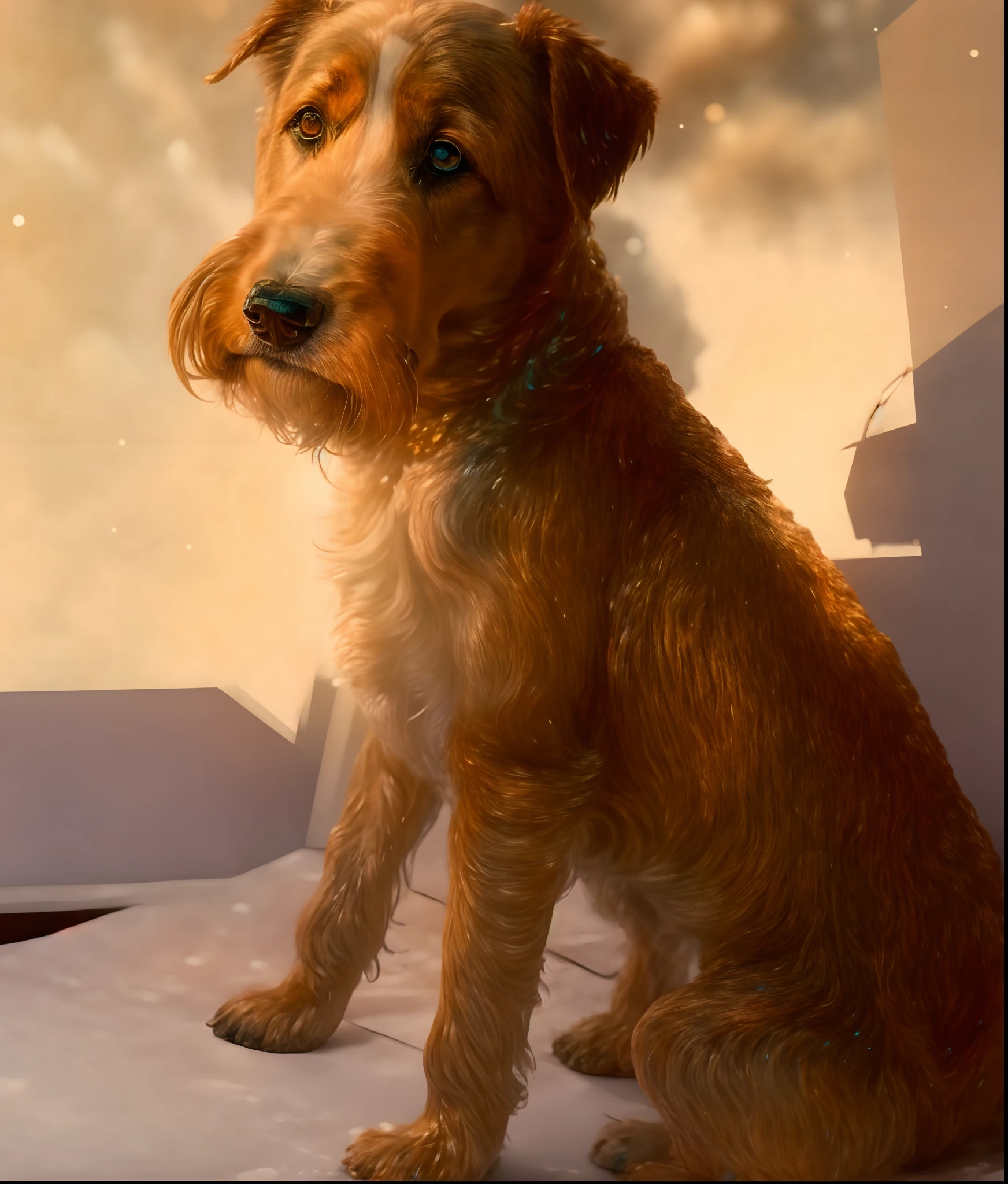 a colorfull dog who floats in the universe in very High quality and very detailed, octane render, space, intricate hyperdetails, Symmetrical, splash art, Albert Seveso