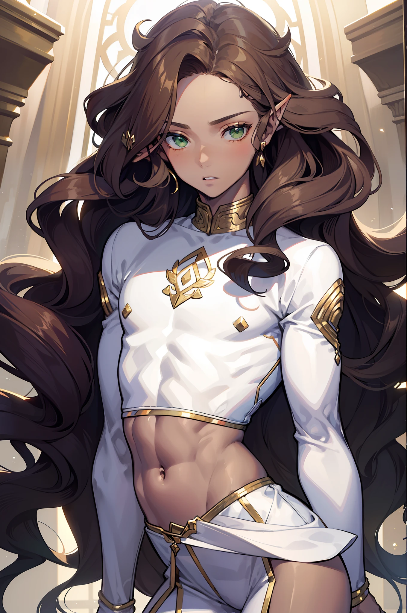 a beautiful man, extremely long hair , brown hair , light green eyes , brown skin+++, adult male ,Solo, male, skinny , effeminate, wearing a crop top , big hair , wavy hair , skinny body , full lips , has small elf ears