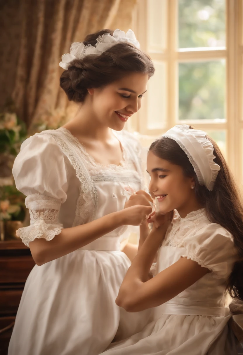 Two girls help maid and maid woman comb hair noble woman smiles happily, The maid's cousin maid does everything with love and devotion, The maid takes care of the male master,