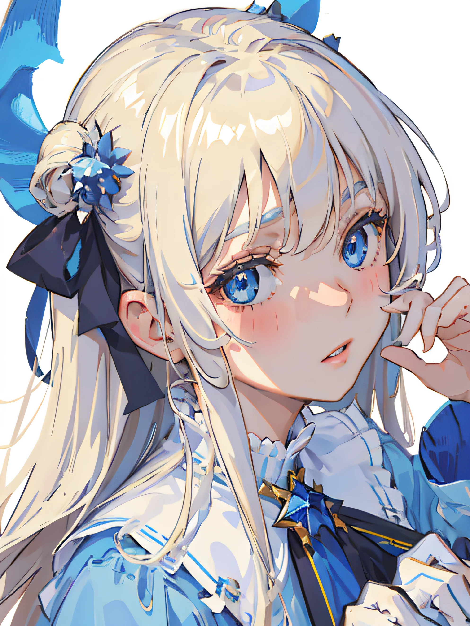 ((masterpiece, best quality)), (1girl), (solo), (female focus), blue eyes, white background, (blonde hair, bangs), slight blush, starry eyes, face focus