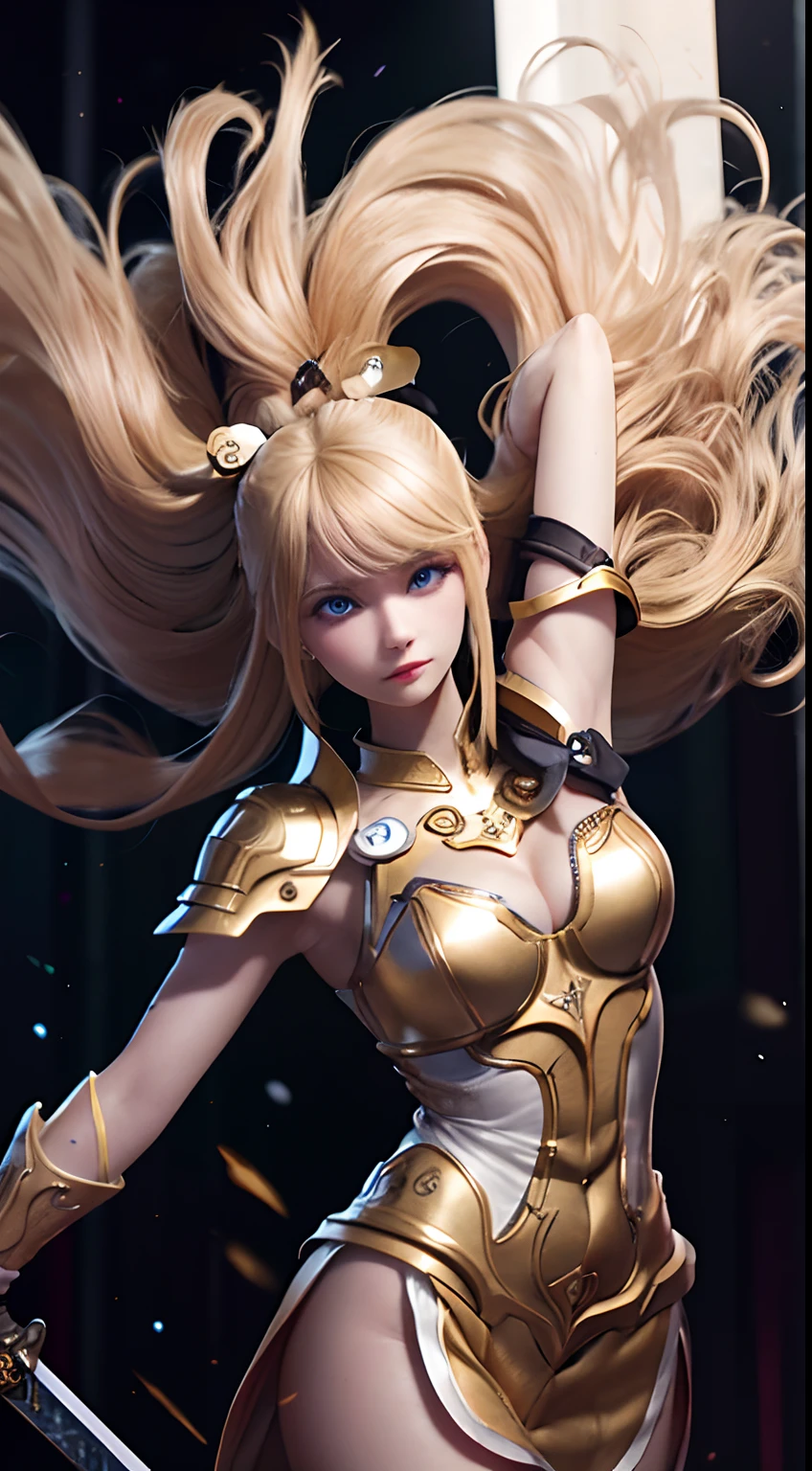 An awe-inspiring paladin wearing golden armor, wielding a sword imbued with radiant light, and holding a golden giant shield. The paladin’s blue eyes shine with determination as they navigate through the dark and mysterious cityscape. The glow of the paladin’s sword illuminates the surroundings, revealing intricate details and adding a cinematic touch to the composition. The overall aesthetic captures the beauty and depth of the scene, reminiscent of Fujifilm photography.