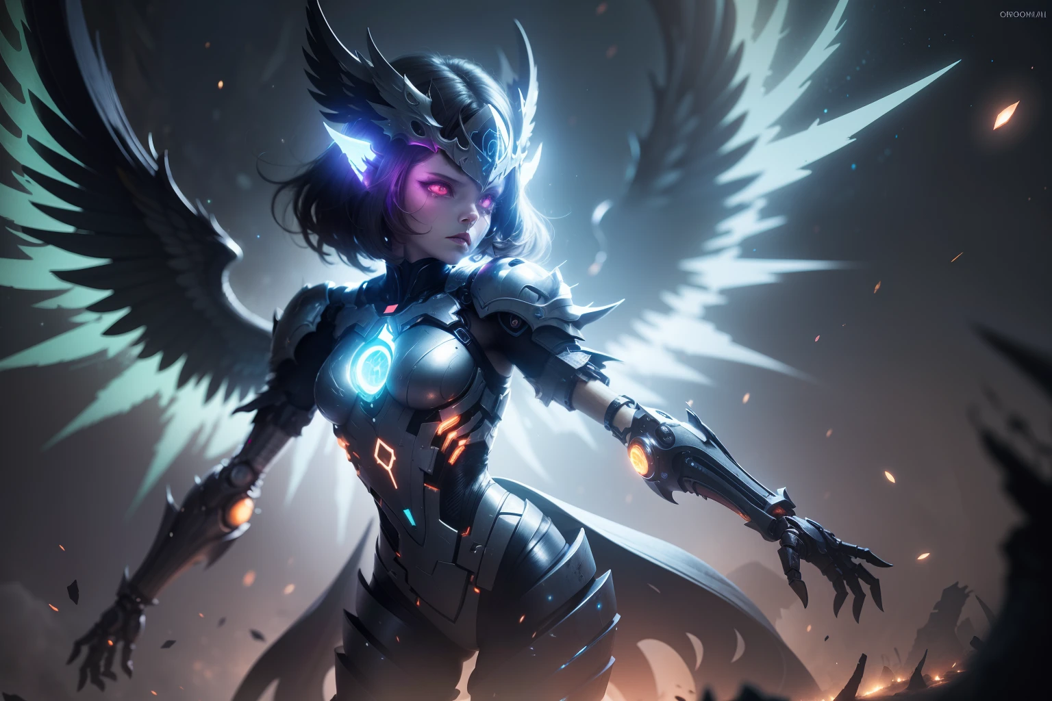 Cosmic Fallen Angel, glowing light eyes, Biomechanical, eerie, Creepy, nightmarish, Very bright colors, Light particles, with light glowing, Mshiff, wallpaper art, UHD wallpaper