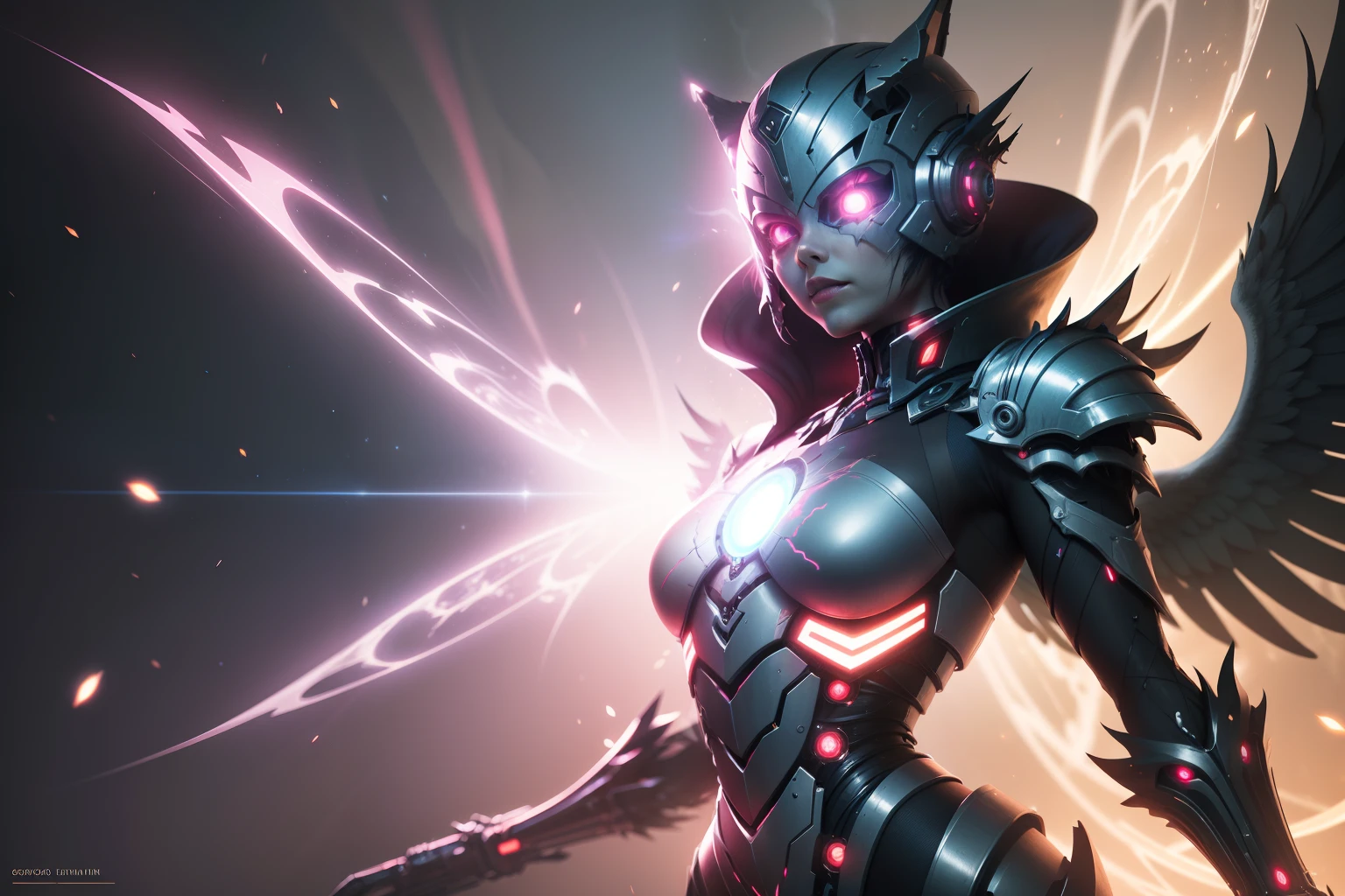Cosmic Fallen Angel, glowing light eyes, Biomechanical, eerie, Creepy, nightmarish, Very bright colors, Light particles, with light glowing, Mshiff, wallpaper art, UHD wallpaper