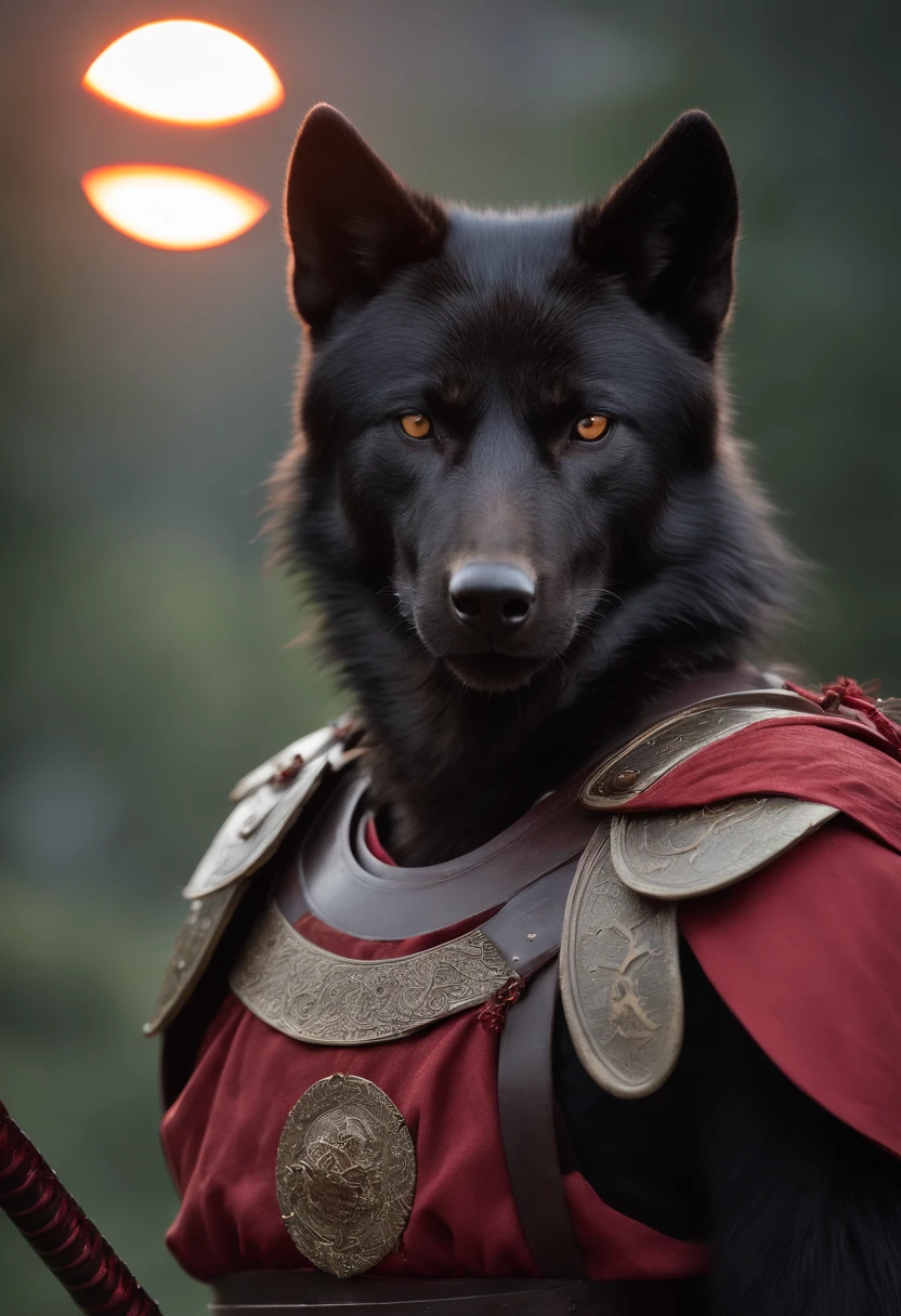 A black wolf warrior with a scar, wearing samurai armor, holding a red-bladed katana, in the background a solar eclipse, ::style fantasy, cinematic, insane details, realistic style, ::n_style digital painting, deformed parts, deformed face, ((ugly face)), ((deformed hands)),