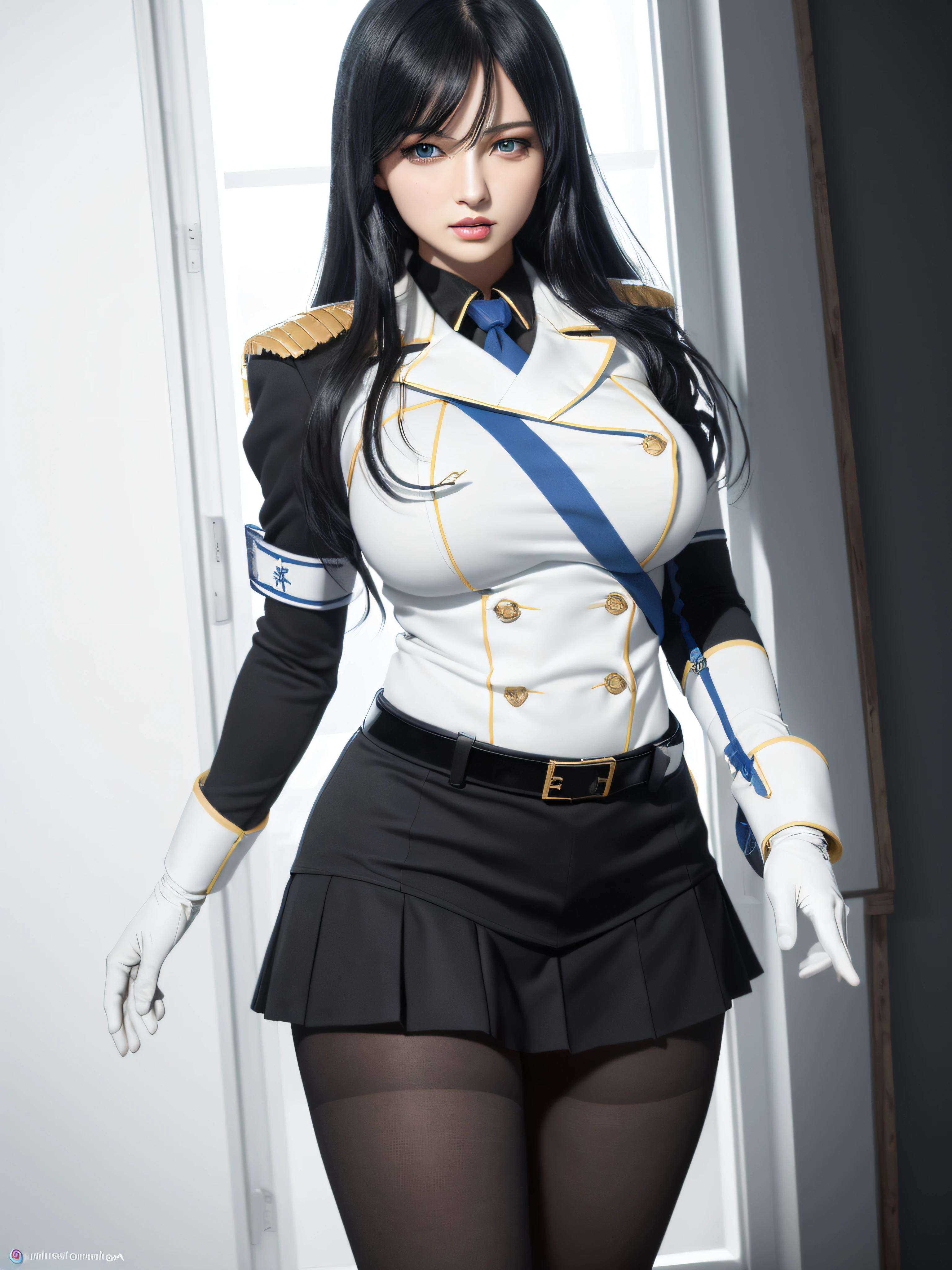 (Photorealistic, best quality, masterpiece, high contrast), 1girl,
ikaruga, black hair, blue eyes, large breasts,uniform, armband, skirt, pantyhose, white glove