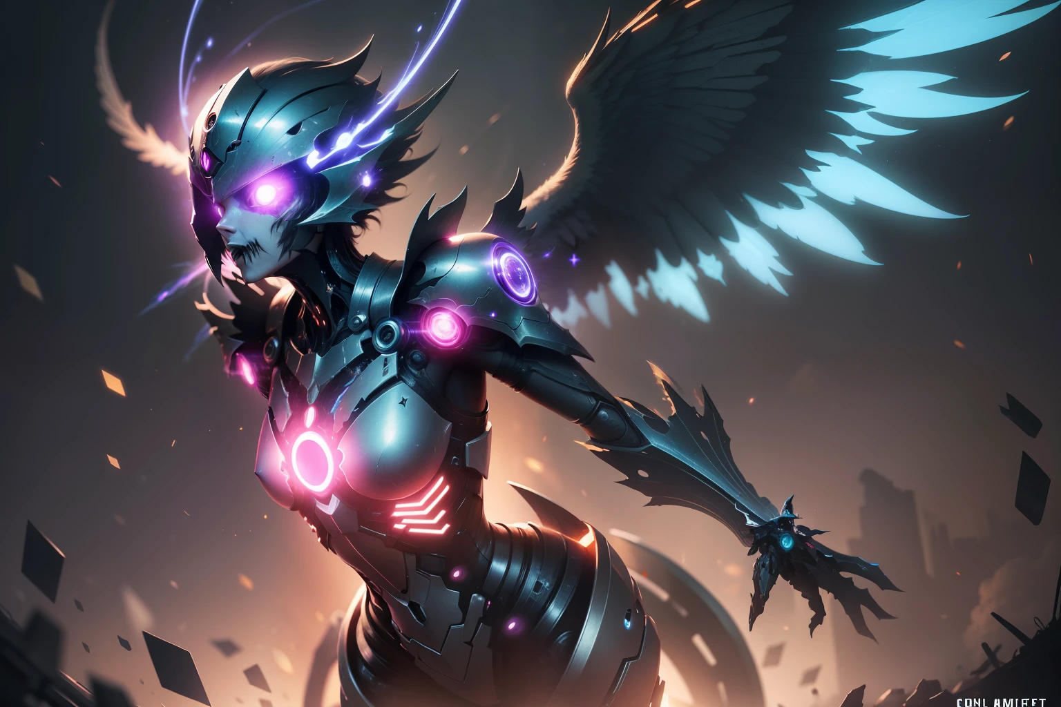 Cosmic Fallen Angel, glowing light eyes, Biomechanical, eerie, Creepy, nightmarish, Very bright colors, Light particles, with light glowing, Mshiff, wallpaper art, UHD wallpaper