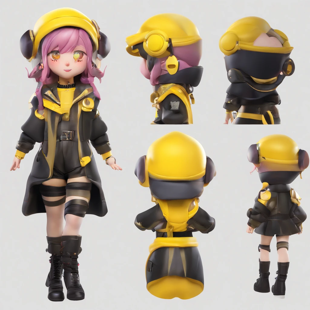 Super Cute Girl IP by Pop Mart, bright yellow eyes,Milk tea hair color、Two-side-up、bobhair、Zito-order、Sleepy eyes、Cherub,Yellow outerwear、Black hood、cyberpunked、clay, modeled, Glossy and delicate,clean back ground, Good luster, 3D rendering of a,Best Quality